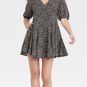 Bell Elbow Sleeve Mini A-Line Dress - Universal Thread Black Floral